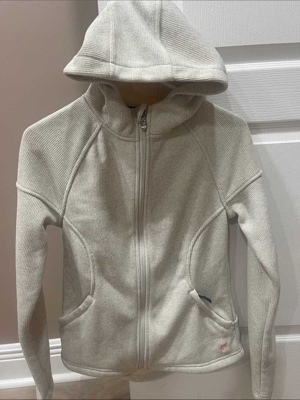 Spyder Cream Zip-Up Hooded Sweatshirt with pink accents
